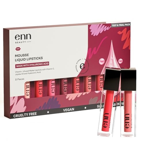 Image of ENN Long Lasting Semi Matte Liquid Lipsticks -16 Hour Coverage, Transfer-Proof, Highly Pigmented, Enriched with Hyaluronic Acid, Vitamin E & Argan Oil - Pack of 8 (Test & Trail)