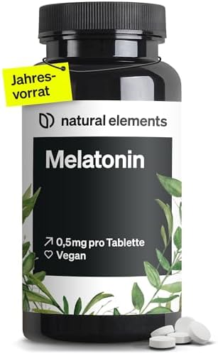 natural elements Melatonin – 365 Tabletten – 0,5mg Melatonin pro Tablette – hochdosiert – Ohne unerwünschte Zusätze – Laborgeprüft – Alternative zu Einschlafspray - 100% vegan – Gr