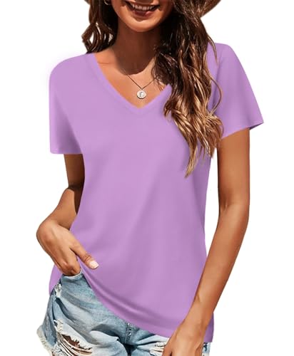 Elesomo Summer Tops for Womens V Neck Short Sleeve T Shirts Solid Cotton Tees, Purple XXL