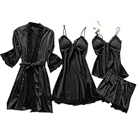 TIMIFIS Women Silk Pajamas Set 4pcs Sexy Lace Nightgown Robe Sling Nightdress Crop Tank Tops Pjs Boyshorts Sleepwear Sets Black