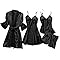TIMIFIS Women Silk Pajamas Set 4pcs Sexy Lace Nightgown Robe Sling Nightdress Crop Tank Tops Pjs Boyshorts Sleepwear Sets Black