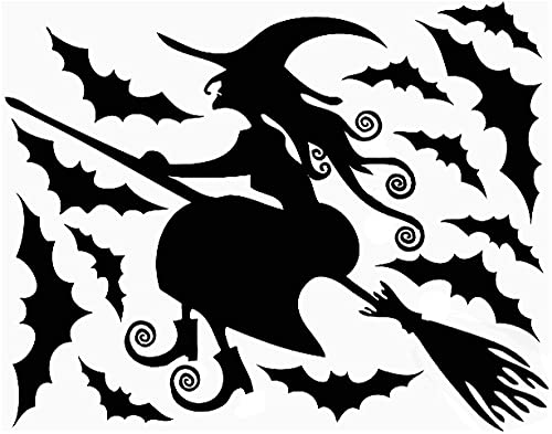 Bibitime Scary Halloween Wall Stickers Vinyl Home Decor Shop Window Decals Room Art Murals Pub Bar Indoor Scene Setter (Flying Witch And 12 Bats) #TOP6