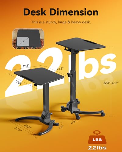 Image of JOY worker Foldable Laptop Desk on Wheels, Adjustable Mobile Standing Desk | Max Height 47.6 inch, 90 Tiltable Top & Base, Portable Height Adjustable Workstation with Lockable Casters, Holds 22lbs, Black