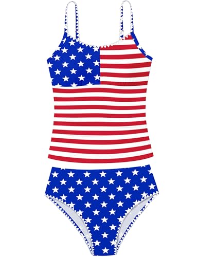 Image of Girls Swimsuit Solid Color Tankini Contrast Trim Swimwear 2 Piece Bathing Suit Padded Swimsuits for Teens 9-16Y