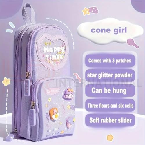 HR INTERNATIONAL Premium Pencil Pouch 6 Layer with 3 Compartment Cute Aesthetic Pencil Case for Girls Large Capacity Pencil Pouch for School Kids Cute Stationary Gift (Happy-Purple)