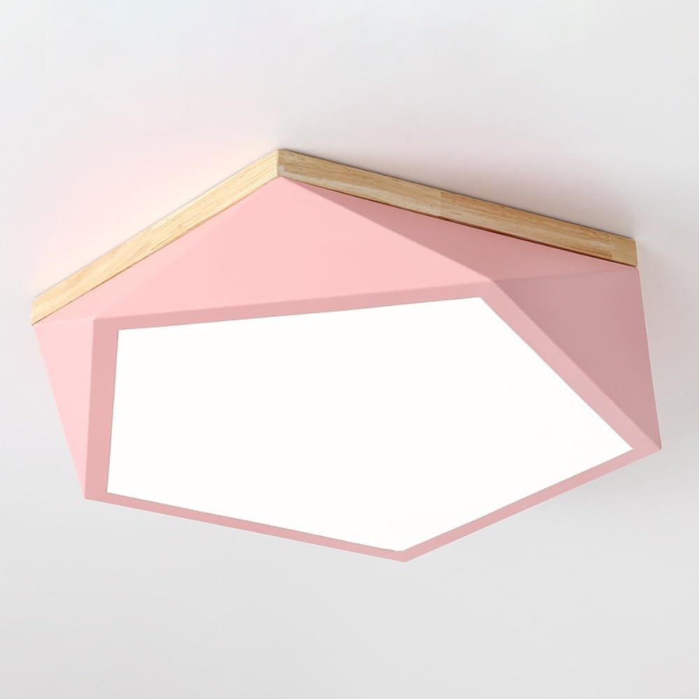 COSRUB Nordic Pentagon Flush Mount Ceiling Light, Geometric LED Ceiling Lamp with Wood Trim Minimalist Dimmable Ceiling Lighting for Bedroom Study(Pink(3000K),50cm/19.68in)
