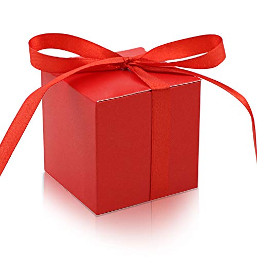KPOSIYA Lot de 70 boîtes à dragées rouges de 5,1 x 5,1 x 5,1 cm avec rubans pour décorations de mariage, fête prénatale, fête d'anniversaire