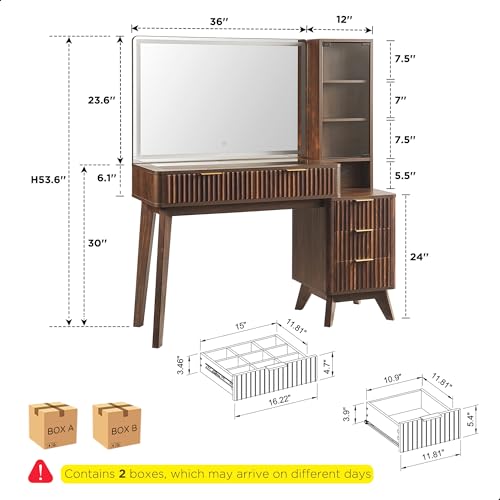 Image of T4TREAM 48 inch Fluted Makeup Vanity Desk with 36 inch Lighted Mirror, Dark Walnut