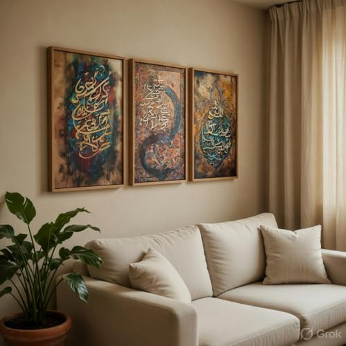 Image of Livin'luxe Islamic Calligraphy Wall Painting Set of 3 with Wooden color Frames | Arabic Quranic Calligraphy Islamic Wall Art | HD Sparkle Printed MDF Wall Decor for Living Room, Bedroom & Prayer Room
