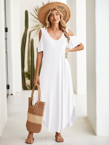 Image of BELAROI Womens Cold Shoulder Maxi Dress Plus Size V Neck Summer Sundresses with Pockets Beach Coverup Vacation Outfits