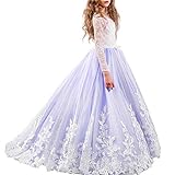 IWEMEK Blumenmädchen Prinzessin Lange Ärmel Festzug Spitze Tüll mit Appliques Brautjungfer Hochzeitskleid Festkleider Geburtstags Mädchen Erstkommunionkleid Weihnachten Karneval Partyskleid Abendkleid