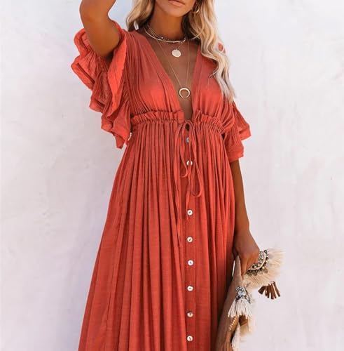 R.Vivimos Maxi Dresses for Women 2025 Summer Short Sleeve V Neck Drawstring Tie Boho Loose Flowy Long Dresses with Pockets2