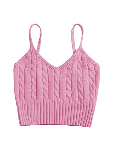 Romwe Women's Ribbed Knit Spaghetti Strap Sleeveless V Neck Cami Crop Top Camisole Pink Rib Knit Xs #TOP5