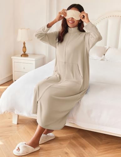 Image of Ekouaer Women Zipper Robe Long Sleeves House Coat Soft Bathrobe Sleepwear with Pockets Housecoat Loungewear