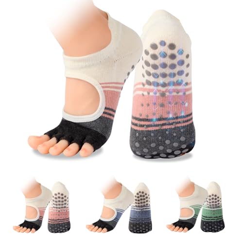 BERVASTO Pilates Socks with Grips for Women,Yoga Socks, Non-Slip Yoga Socks with Toe Separators, Pilates Non Slip Socks (US, Alpha, One Size, Regular, Short, 3, pink blue green)
