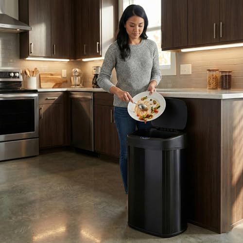Image of SensorCan 13 Gallon Oval Motion Sensor Kitchen Trash Can with Odor Filter & AC Adapter | Automatic Touchless Garbage Can | Electric Sensor Bin | Stainless Steel Kitchen Garbage Can | Matte Black
