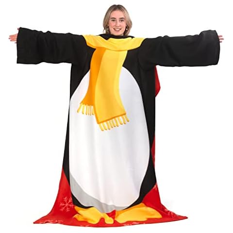 Snug Rug Christmas Penguin Fleece Blanket with Sleeves, Black/White Cover