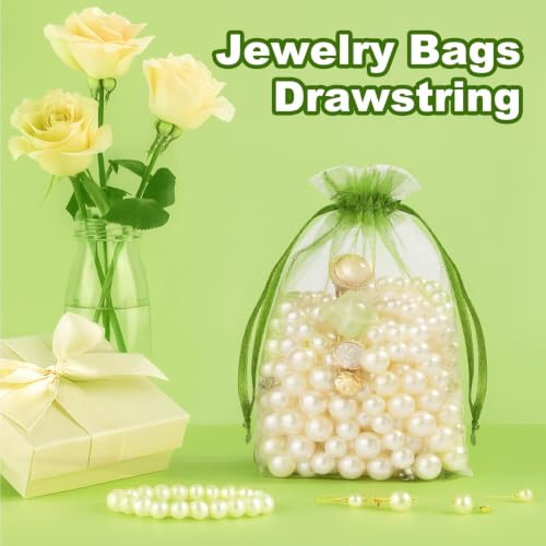 Image of Crweety 50 Pcs 5x7 Inch Green Organza Bags, Small Mesh Bags Drawstring, Elegant Jewelry Pouches for Wedding Favor, Birthday Party Favor, Graduation Gifts Wrap & Candy Treat Sachet