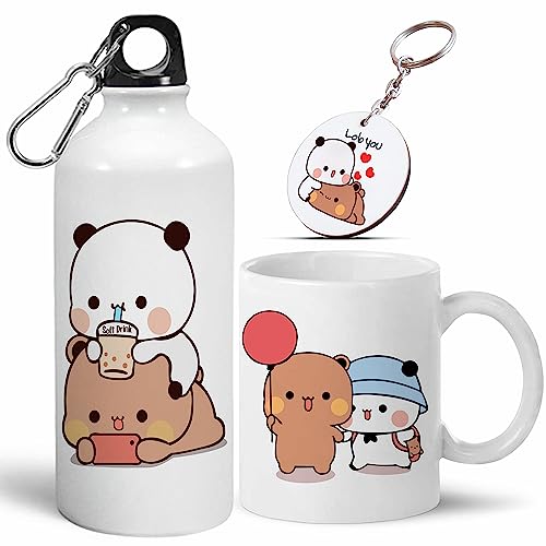 Image of Bubu Dudu Love Gift for Birthday /Anniversary Sipper Water Bottle Aluminium with Coffee Mug, Wooden Keychain Combo Pack NMSK (Multicolor)