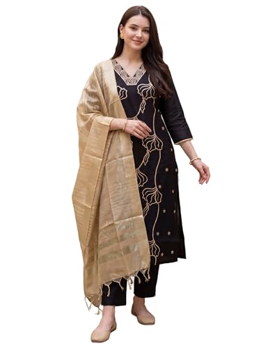 Image of INDO ERA Women's Cotton Blend Solid Straight Kurta Palazzo With Dupatta Set