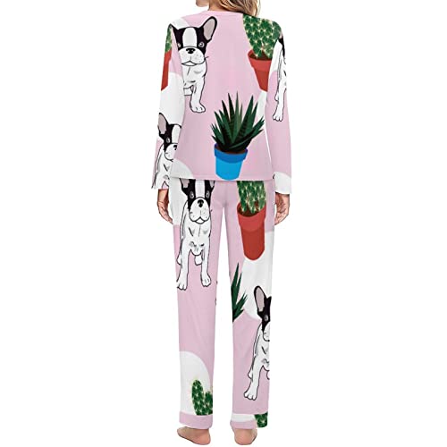 Bulldog And Cactus(1) 女性用パジャマセット2点セット柔ら