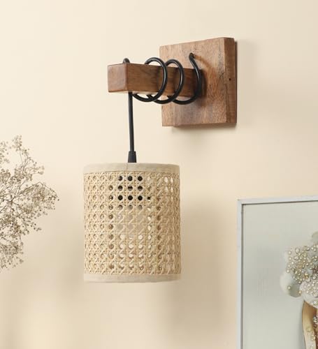 Image of AKWAY Rattan wall Lamps for Living Room | Bamboo wall Lights for Bedroom | Cane wall scones for Home Decoration (Bulb Not Included) (Rattan Eye Webbing Hang)