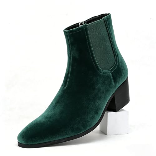 Image of Men'S Classic Leather Chunky Heel Chelsea Boots With Side Zipper Fashion Pointed Toe Elastic Band High Top Block High Heel Formal Chukka Booties For Casual Business Party Wedding
