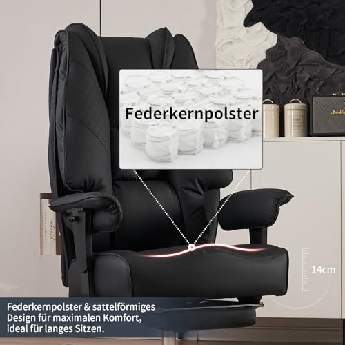 Miniatura 5 de Excebet Silla Oficina Ergonómica 180kg - Silla Escritorio Ejecutiva Grande, Cojín Muelles 14cm, Sillón Despacho Respaldo Alto Piel Pu, Soporte Lumbar, Asiento Ancho 57,5cm Negra