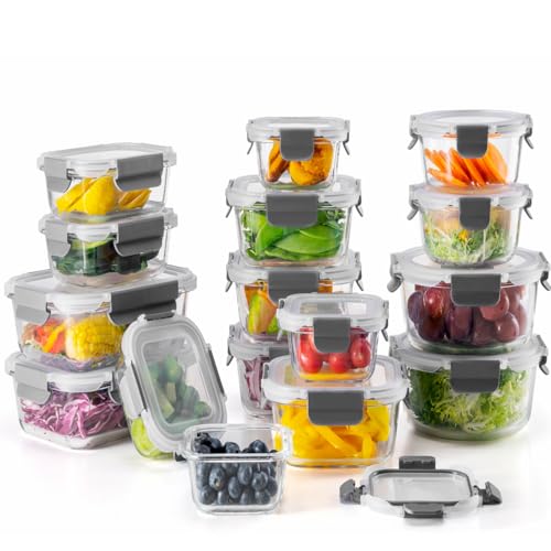 EasyWare - Juego de 32 Piezas - 16 RECIPIENTES de VIDRIO GRUESO para alimentos I CONTENEDORES HERMÉTICOS I A prueba de fugas I BPA FREE I Cierra Fácil I Cocina, Refrigerador,...