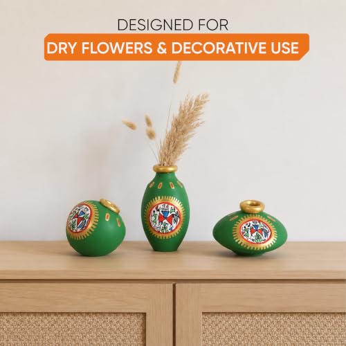 Image of Aakriti Art Creations Terra Trio Handpainted Vase Set of 3 | Warli Art Terracotta Vases in Green | Matte Finish Decorative Vases for Living Room, Table Decor & Gifting