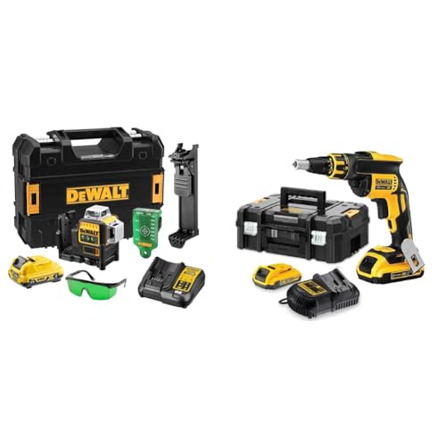 DEWALT DCE089D1G-QW - Láser autonivelante de 3 lineas de 360º-Incluye batería DW 10,8V Litio-Verde & DCF620D2-QW DCF620D2-QW-Atornillador Panel Yeso sin escobillas XR 18V con 2 baterías Li-Ion 2