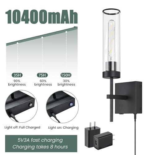 Image of Wall Sconces,Battery Operated Wall Sconce 3000K 10400mAh Fast Chargin Endurance 150 Hours Infinitely Dimmable with Remote Control Wireless Wall Lights for Bedroom Living Room Hallway