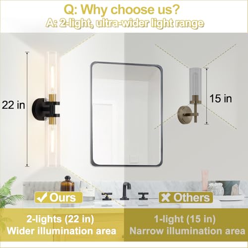 Image of Indoi Hardwired Wall Sconces Set of Two, 22 inch Black and Gold Bathroom Sconces with Clear Glass, Modern Sconces Wall Decor Set of 2 Wall Light fixtures for Bathroom Mirror Living Room Hallway Bedroom