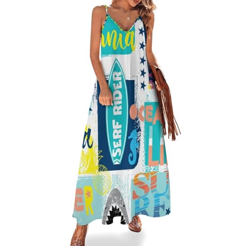 Robe maxi pour voyages et valise d'été sans manches motif requin surfeur fluide