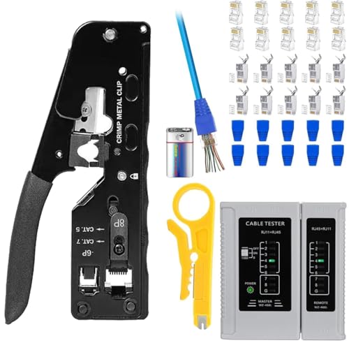 Image of XIKKART RJ45 Crimping Tool Kit, Passthrough Cat7 Cat6A Cat6 Cat5E Cat5 RJ45 Ethernet Crimp Tool with 10PCS Cat7 Pass Through Connectors 10PCS Cat6 Pass Through Connectors 10PCS Covers 1 Network Tester