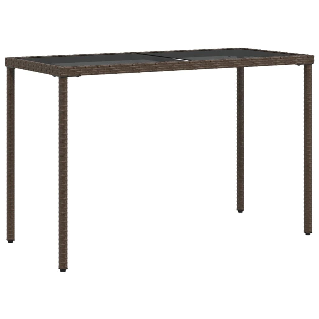 Poly Rattan stół ogrodowy ze szklanym blatem, brązowy, 115 x 54 x 74 cm, na taras i do ogrodu, malowana proszkowo rama stalowa