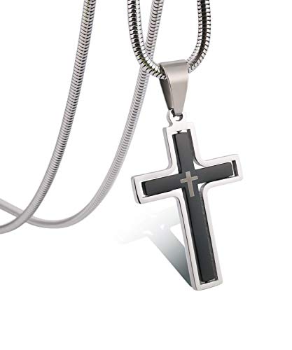 Mens Rotatable Black Cross Necklace Stainless Steel Pendant Necklace Chain,24