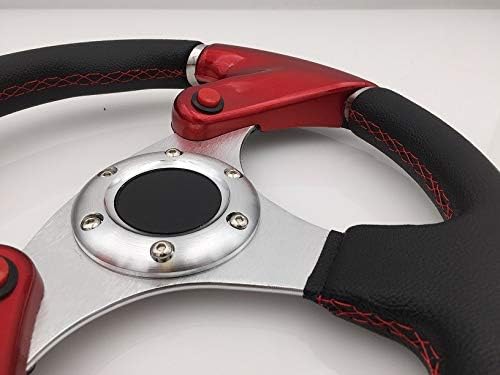 AJP Distributors Universal 6 Bolt Hole 320mm Black Pvc Leather Red Stitching Silver Center Red Steering Wheel Nos Nitrous Button + Blank Horn