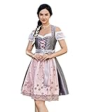 KOJOOIN Trachtenkleid Damen Dirndl - Midi Trachtenkleid Kleid für Oktoberfest - DREI Teilig: Kleid, Bluse, Schürze Grau-Pink 38