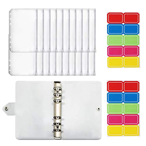 20 Pieces A6 Waterproof Binder Pockets Document Sleeve Folder Loose Leaf Zipper Bags Cash Budget Envelopes with Binder Cover and Blank Labels