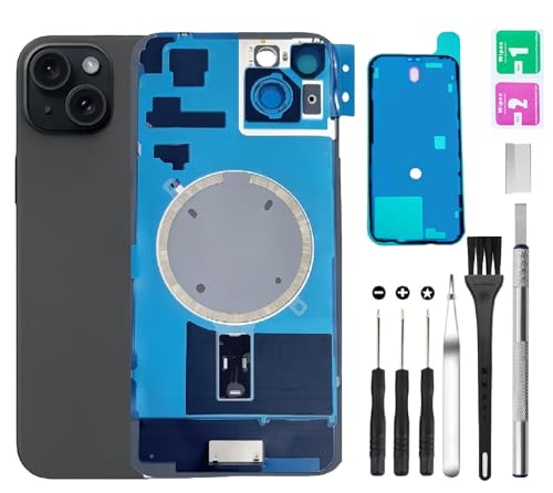 Rear Back Cover Glass Replacement for iPhone 15 Plus Back Glass + Camera Lens + Magnet + Iron Piece Holder with Repair Tool Kit (Black)