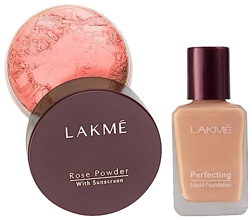 Image of LAKME Rose Natural Face Powder Medium Coverage for Oily Skin Type, Warm Pink, 40G And Perfecting Liquid Foundation, Marble, 27Ml