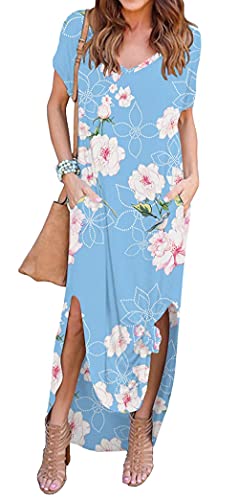 Image of GRECERELLE Women's Summer Maxi Dress Casual Loose V Neck Short Sleeve Side Split Long Dresses with Functional Pockets