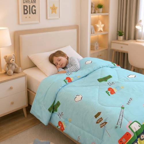 Image of Filymore Cute Car Comforter for Kids Boys - Cute Cartoon Print Single Bed Blanket, Microfiber Dohar for Boys & Girls | Soft Kids Winter & Summer Quilt |60x90 Inches (Leamon and SkyBlue)