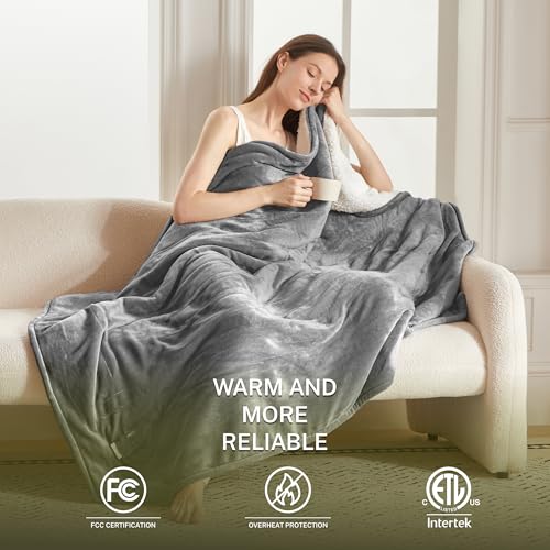 Heat Blanket 84”x90” Queen Size-Dual Control,Soft Flannel & Sherpa Electric Blanket with 10 Heat Settings,12 Timer Setting and 8 Hours Auto-Off,ETL Certified Machine Washable,Light Grey