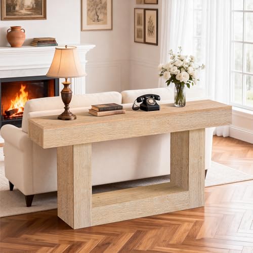 Image of Sonharlar 63 Inch Long Entryway Table U-Shaped Extension, Wooden Console Table with Socket Farmhouse Sofa Table for Entrance, Hallway, Living Room,Behind Couch((Oak Brown)