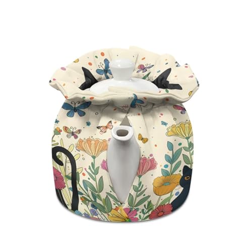 Image of Xoenoiee Tea Cozy Cotton Tea Cosy for Teapots Black Cat Buttefly Floral Art Pattern Keep Warm Teapot Cover Insulated Kettle Cover for Home Kitchen Table Decor