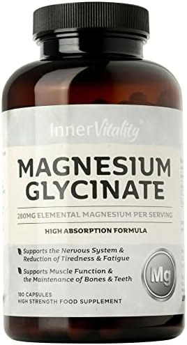 Magnesium Glycinate 180 Capsules (3 Month Supply) 280mg Elemental Magnesium - High Strength Easy to Absorb Magnesium Supplement with No Additives by Inner Vitality