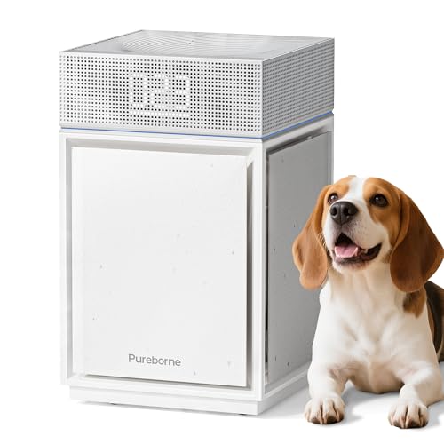 41J6DHyP5NL Pureborne Luftreiniger Allergiker für Schlafzimmer Zuhause, CADR 400m³/h für 260㎡, HEPA Luftfilter gegen Fellgeruch Staub Pollen PM2.5, Luftqualitätssensor & PM2.5-Display, Air Purifier PB6866, Weiß