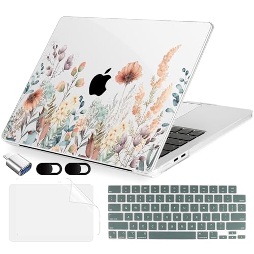 MecBevia Compatible with 2026 M5 MacBook Air 15 inch Case 2026 2025-2023 M5 A3448 M4 A3241 M3 A3114 M2 A2941 Keyboard Cover Screen Protector Webcam Cover & Type-C OTG Abstract Flower